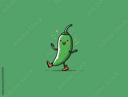 A playful green pepper character with a smiling face is happily dancing on a vibrant green backdrop. It has cute shoes and an enthusiastic pose.