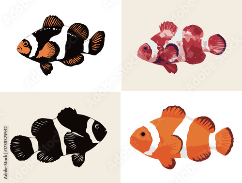 Four different species of tropical fish are displayed against a simple background, showcasing their bright colors and unique patterns.
