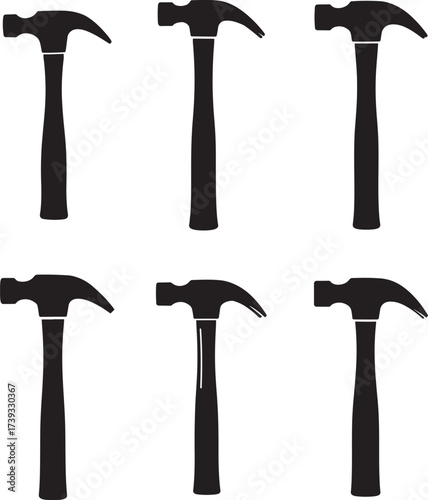 Collection of six black silhouettes of claw hammers on a white background