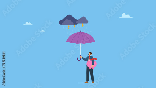 Businessman holding strong umbrella to protect piggybank. Wealth protection, insurance or financial security to survive in market downturn, protect retirement pension fund or safety guard.