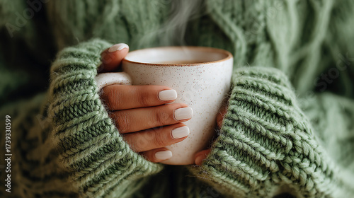 Hands in green sweater holding steaming mug of coffee or tea close up.