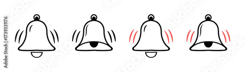 Hand drawn Bell Notification Icon, Sketch Outline and Filled Ringer Symbols with Motion Lines, Vector Alert for UI, App, Web and Print