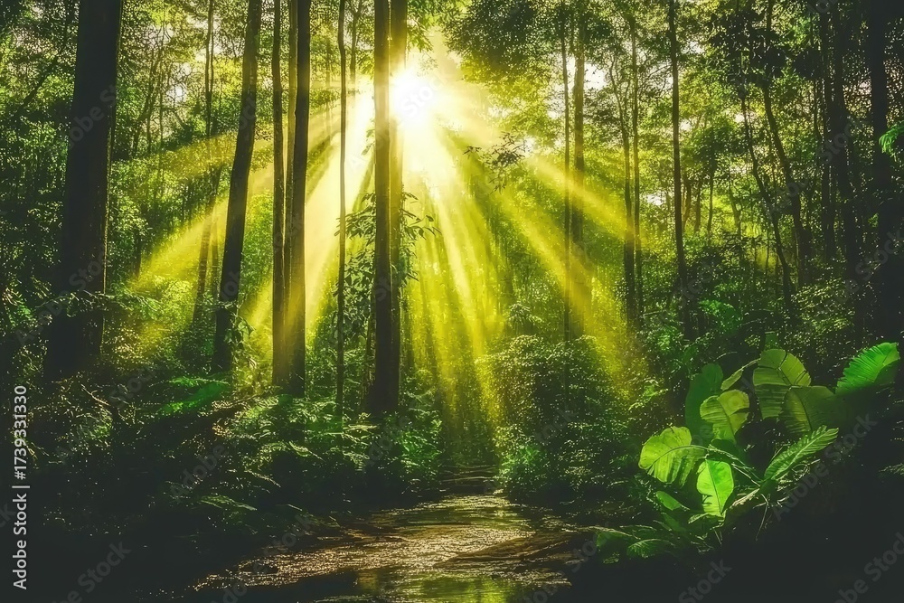 Obraz premium Sunlight streams through a lush green forest