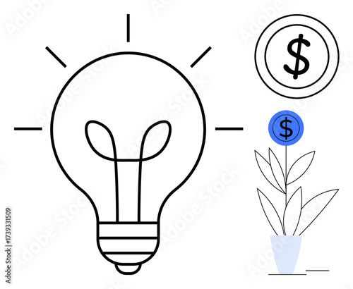 Light bulb with rays, potted plant with growing leaves, and dollar coin. Ideal for innovation, business growth, investment, startup, financial planning economic ideas success. A simple flat