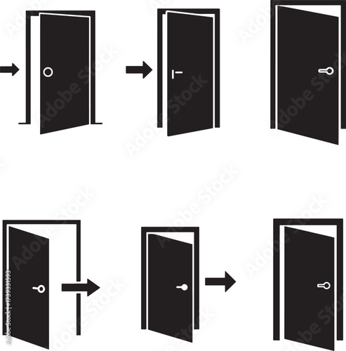 Collection of six black silhouette icons representing doors opening and closing in different directions