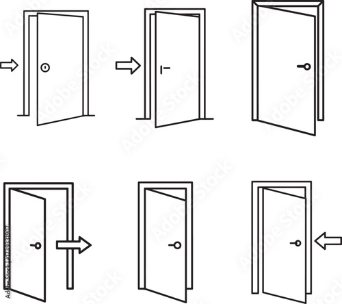 Set of six hand drawn illustrations showing a door opening in different directions and angles