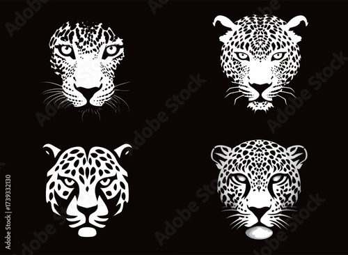 Four artistic representations of leopard faces in black and white style display various features and expressions, highlighting the beauty of these majestic creatures.