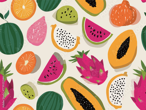 A colorful display of various tropical fruits including watermelon, papaya, and dragon fruit on a light background. Perfect for summer-themed art or designs.