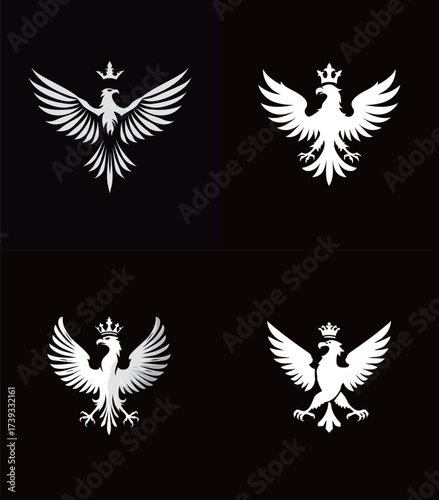 Four unique eagle graphics are displayed in a grid format. Each eagle features stylized wings and crowns, set against a black background, conveying power and majesty.