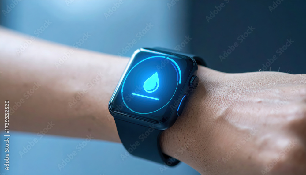 Fototapeta premium Smartwatch on wrist showing glowing water drop icon somber reminder of hydration and global scarcity. Modern technology provides future vision of personal health monitoring