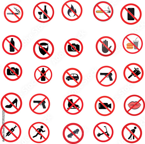 Large Set of Prohibition, Warning, and No Entry Icons Covering Health, Safety, and Behavior
