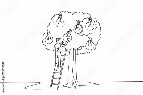 Continuous one line drawing a man climbs ladder into tree to get lightbulb and sack containing many lightbulbs. Try solve problem. National Creativity Day. Single line draw design vector illustration
