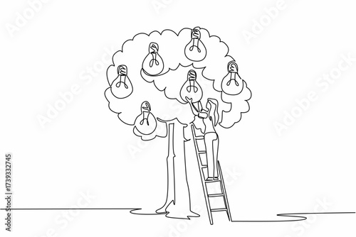 Single continuous line drawing a woman climbs ladder into tree to get lightbulb and sack containing many lightbulbs. Looking for solutions. National Creativity Day. One line design vector illustration