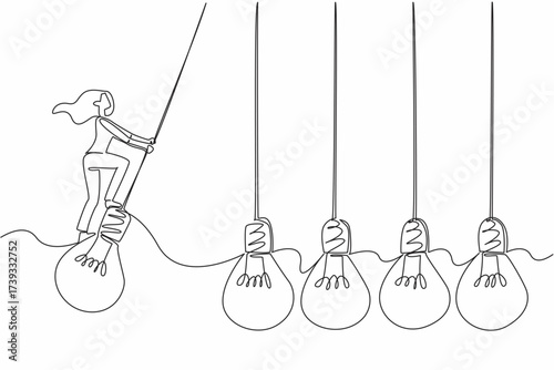 Single continuous line drawing woman stands on lightbulb with both hands hold the light cord and swings. Playing with brilliant ideas. National Creativity Day. One line design vector illustration