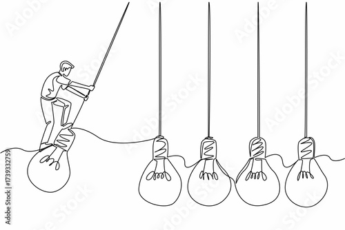 Continuous one line drawing man stands on lightbulb with both hands hold light cord and swings. Trying to offer the best opinion. National Creativity Day. Single line draw design vector illustration