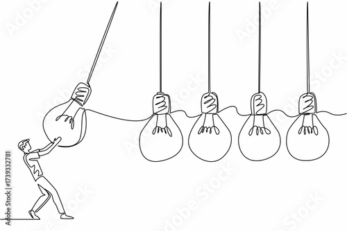 Single one line drawing a businessman holds a lightbulb and swings it at 4 lightbulbs in a row. Symbolism of throwing opinions. National Creativity Day. Continuous line design graphic illustration