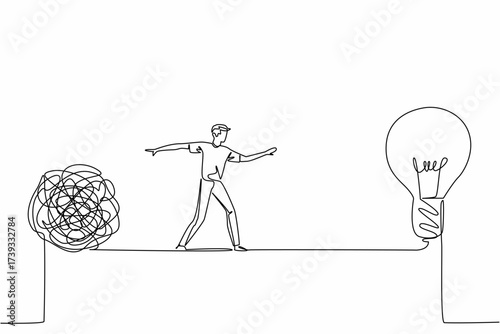 Single one line drawing a man walks on tightrope between a big tangled ball and a lightbulb. Moving from the complexity of thought. National Creativity Day. Continuous line design graphic illustration
