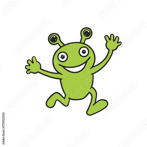 A green alien character with large eyes and a big smile is joyfully jumping. Its arms are raised in excitement, showcasing a playful and friendly demeanor.
