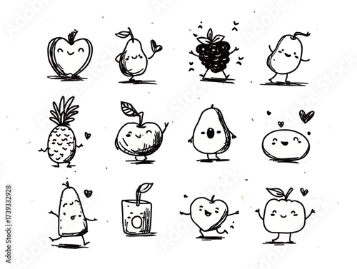 A variety of cute fruit characters display joyful expressions and dynamic poses. Each fruit has a unique design and personality, creating a fun and lively scene.