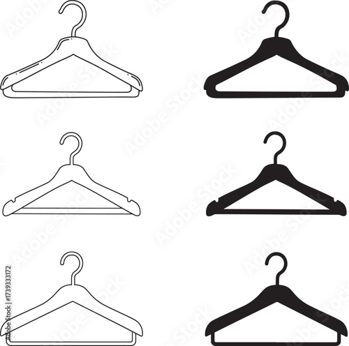 Collection of six clothing hangers three in sketch style and three in solid black silhouette