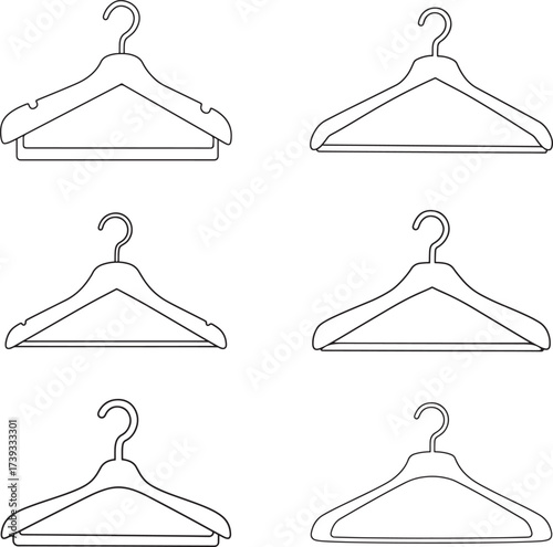 Collection of six hand drawn wooden clothes hangers isolated on a white background