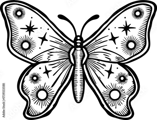 Decorative celestial butterfly illustration with sun, star, and cosmic motif black outline, symmetrical wings, mystical art design
