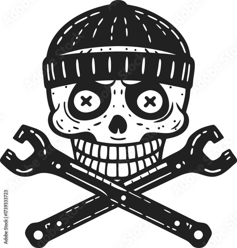 Skull with beanie hat and crossed wrenches grunge mechanic emblem, vintage handyman symbol, edgy urban illustration
