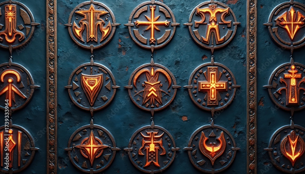Fototapeta premium Ornate glowing symbols embossed in dark bronze circular medallions. Ancient runic patterns illuminate with warm orange light on textured blue metal wall with ornate vertical border. Sacred mystic