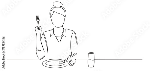 continuous line art of a female worker having lunch during her break.