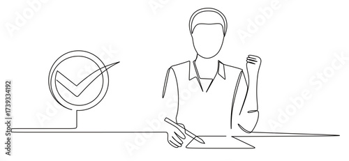continuous line art of a male worker writing with a check mark next to him as a sign of approval