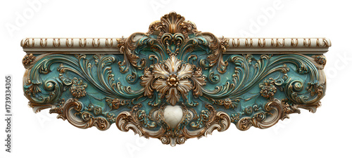 Ornate Baroque Floral Design with Turquoise and Gold Accents on Transparent Background