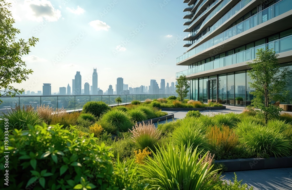 Fototapeta premium Modern building features extensive rooftop garden. Plants covers flat surface offering urban oasis. City skyline visible beyond glass facade. Sustainable architecture promotes eco-friendly design,