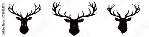 Three striking silhouettes of deer heads, each featuring intricate antlers. The unique designs highlight wildlife beauty and artistic expression ideal for nature-themed decor.