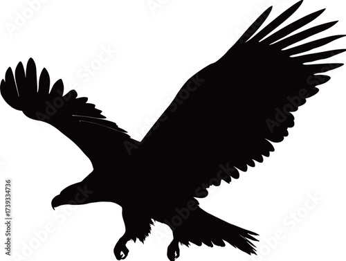 A powerful eagle flies gracefully across a bright sky, its wings fully spread. The majestic bird embodies strength and freedom as it hunts its prey.