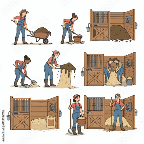 Horse stable cleaning process with people