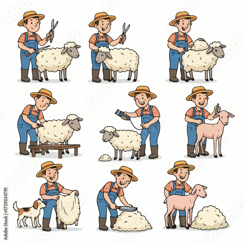 Farmer shearing sheep process with dog