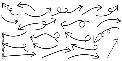 Hand drawn arrows icon set. Sketch curved arrows design. Arrow handmade. Thin arrows set for business plan.
