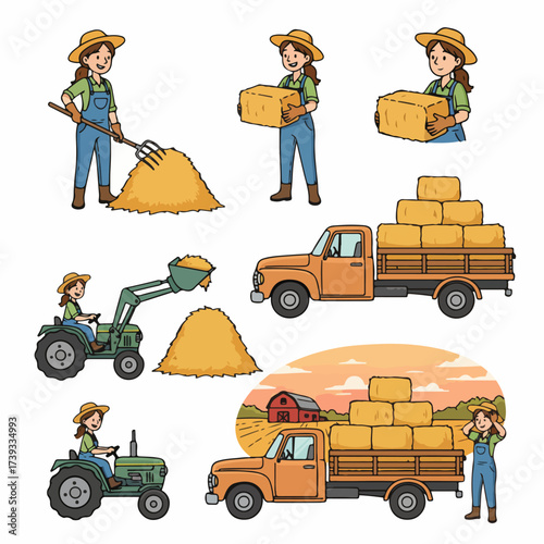 Farmer harvesting hay bales with tractor and truck