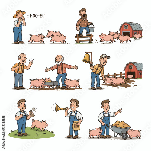 Farmer herding pigs on a farm with barn