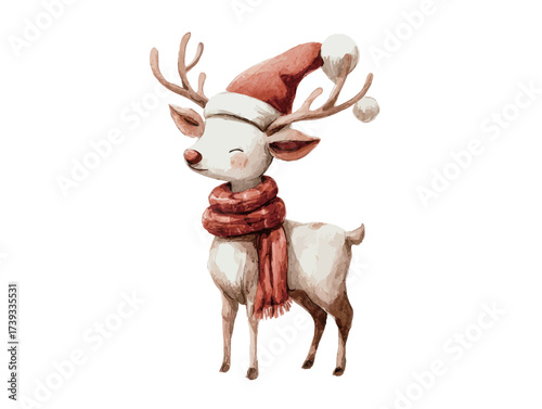 A cheerful reindeer stands proudly with its eyes closed, wearing a red hat and a cozy scarf. It captures the spirit of winter festivities and joy.