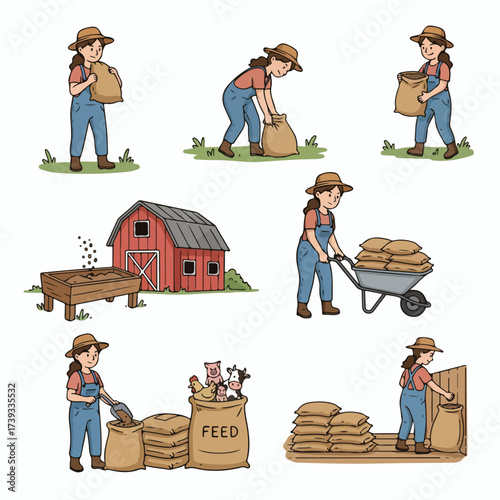 Farmer working with feed sacks and farm equipment