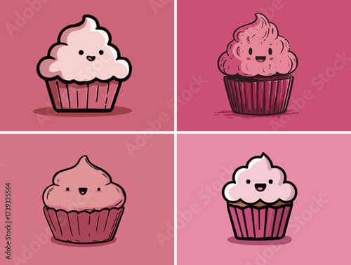 Four adorable cartoon cupcakes featuring pink frosting and cheerful faces are arranged on a bright pink background, showcasing a fun and whimsical style.