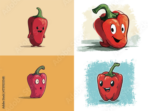 Four cartoon red pepper characters showcase different emotions. Each has a unique facial expression and playful appearance against colorful backgrounds.