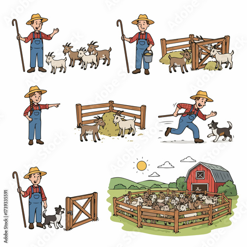 Farmer herding goats with dog on a rural farm