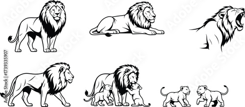 Black and white lion illustrations with cubs in various poses, vector icons for wildlife, nature, family behavior, and jungle design.