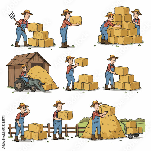 Farmers stacking hay bales in a rural countryside scene