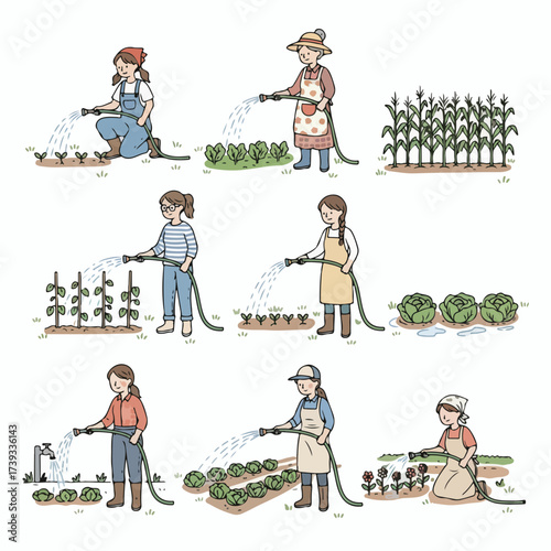 Farmers watering crops in a garden scene