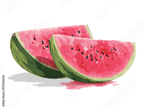 Two slices of fresh watermelon display their bright pink flesh and green rind. The juicy fruit is perfect for enjoying on a sunny day during summer.