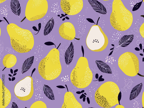 Bright yellow pears and dark leaves create a lively pattern on a purple backdrop, adding a fun and cheerful touch to any surface or fabric.