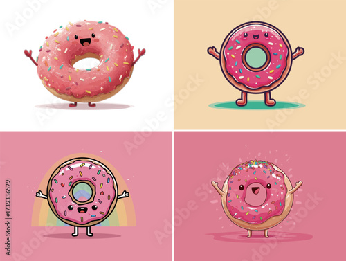 Four colorful cartoon donuts display cheerful faces and playful poses against various colored backgrounds. Each donut has a unique personality and design.